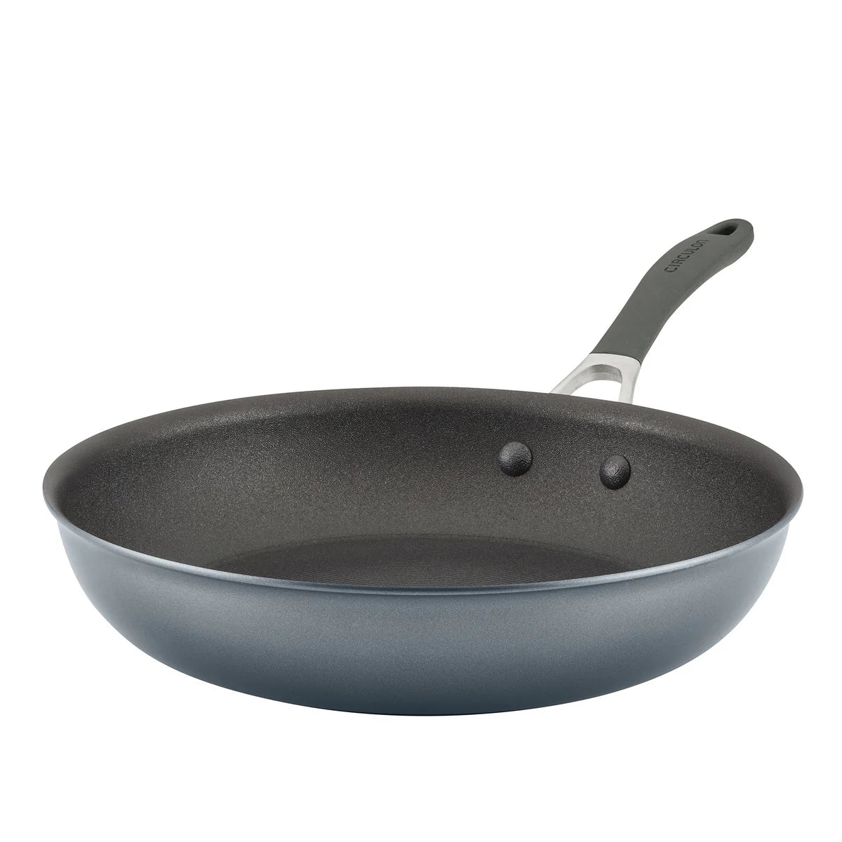 Gray frying pan with a textured surface on a white background