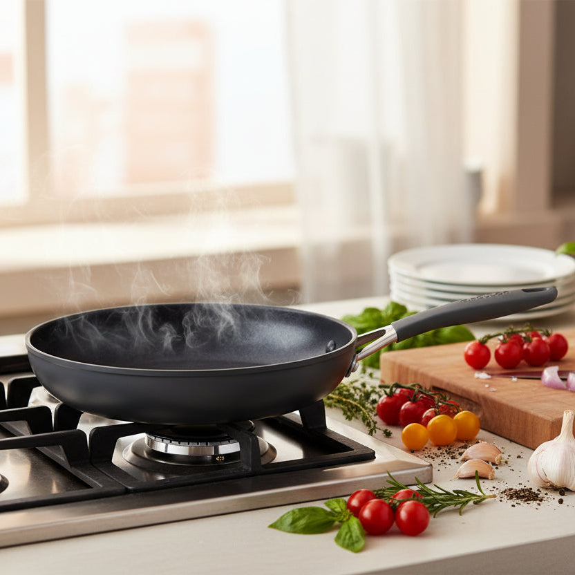 Black frying pan with a handle on a white background