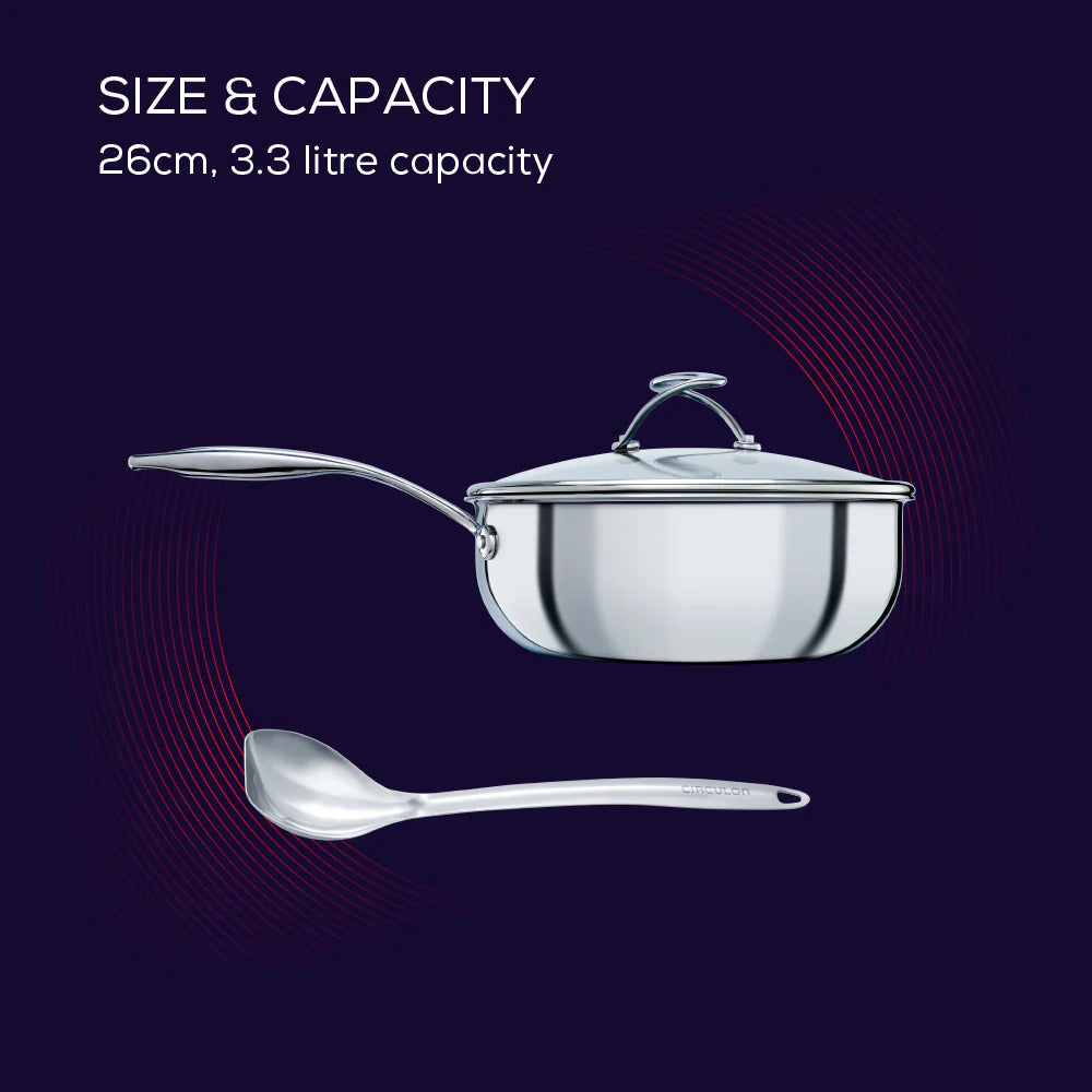 Circulon SteelShield Sauté Pan with Lid & Spoon – 24cm 3L Stainless Steel - Mustard