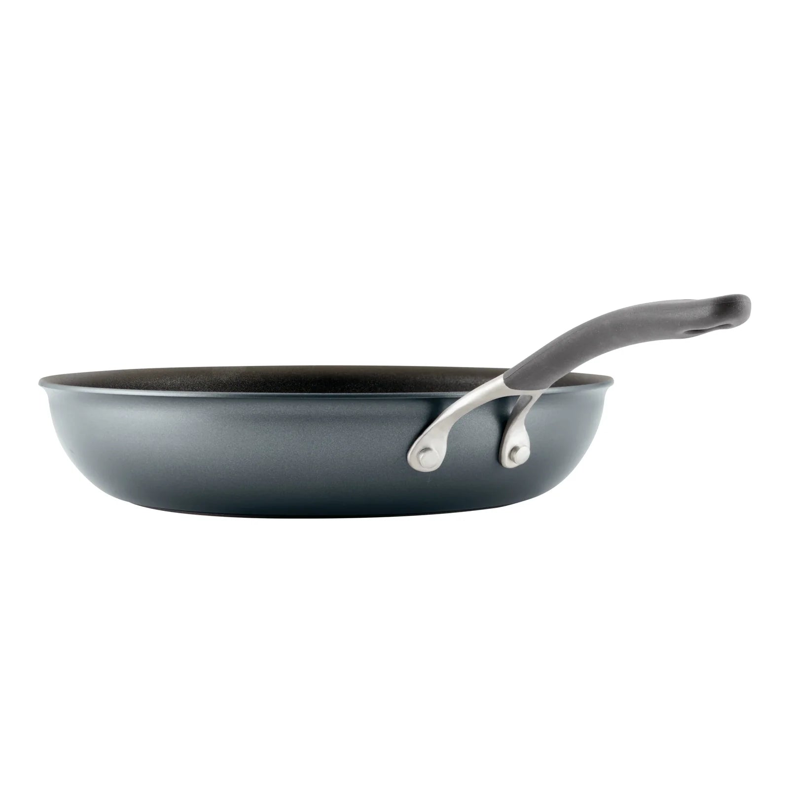 Gray frying pan with a white handle on a white background