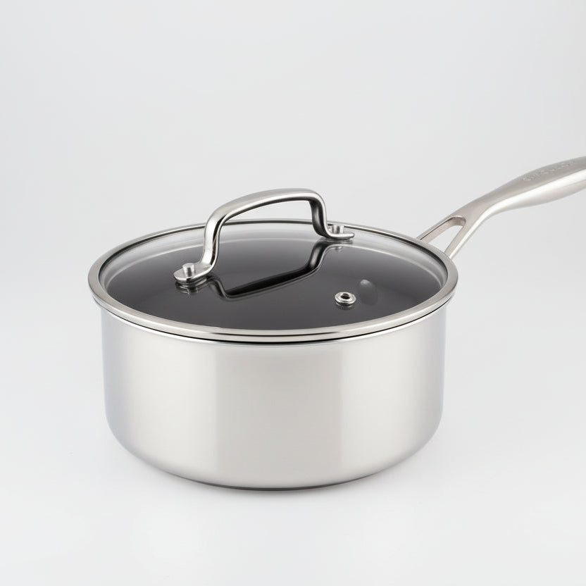 Stainless steel saucepan with lid on a white background